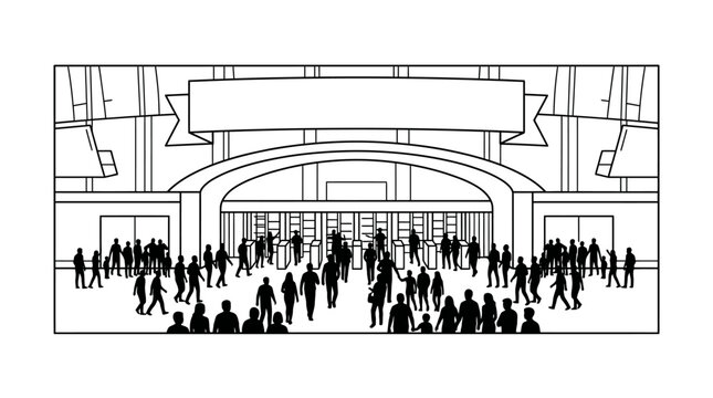 Black and white line art illustration of a crowd entering a stadium gate.