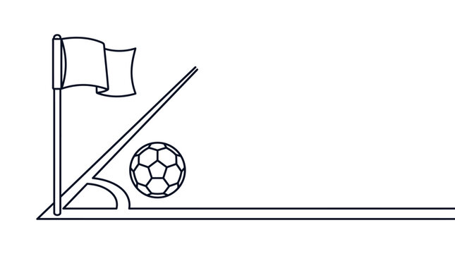 Black and white line art illustration of a soccer corner kick area with a ball.