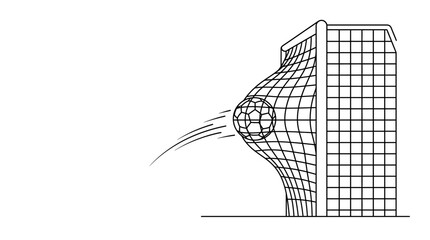 Black and white line drawing of a soccer ball hitting the net. © sumi ari