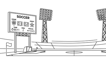 Black and white outline drawing of a soccer stadium scoreboard. © sumi ari