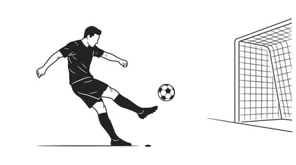 Black and white sketch of a soccer player shooting a ball towards the goal. © sumi ari