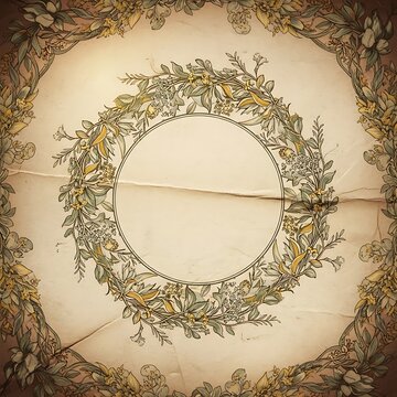 Circular vintage floral frame on aged parchment paper