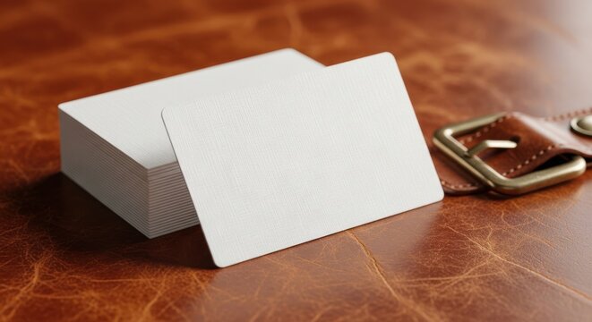 Blank White Business Cards Stacked on a Textured Leather Surface with a Brown Leather Strap