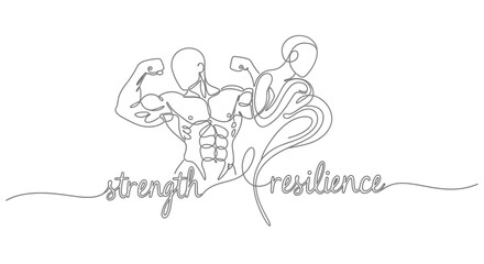 Fototapeta premium Continuous Line Art: Muscular Man and Woman, Strength, Resilience, Fitness