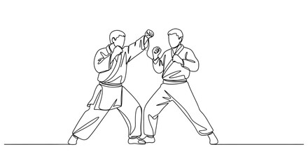 Two martial artists in action, continuous line drawing, karate combat, dynamic movement © Fafa