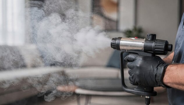 Closeup of technician holding fogging device in apartment living room dense fog enveloping area with background softly blurred to highlight fogger details.