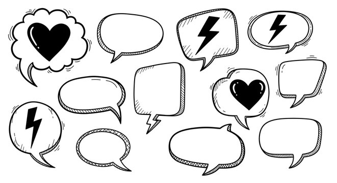 Versatile set of hand-drawn speech and thought bubble outlines, featuring doodle hearts and lightning bolts, ideal for conversational graphic design projects