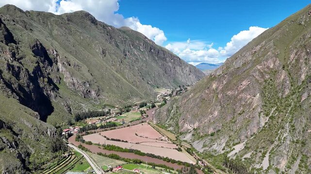 Aerial view of the Sacred Valley of the Incas from the town of Ollantaytambo, Cusco, Peru