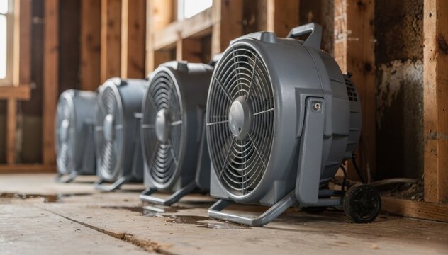 Medium shot of powerful air movers lined up drying exposed wooden studs in a waterdamaged interior with blurred background emphasizing focused fans.