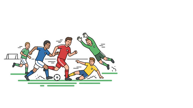 Cartoon illustration of a dynamic soccer match with players competing for the ball.