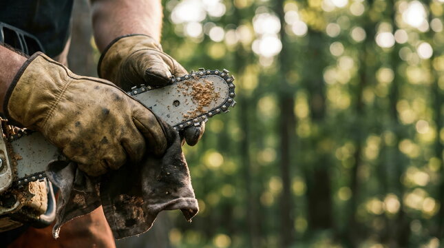 Chainsaw maintenance by worker in dirty gloves cleaning bar and chain outdoors, essential equipment upkeep for forestry work.