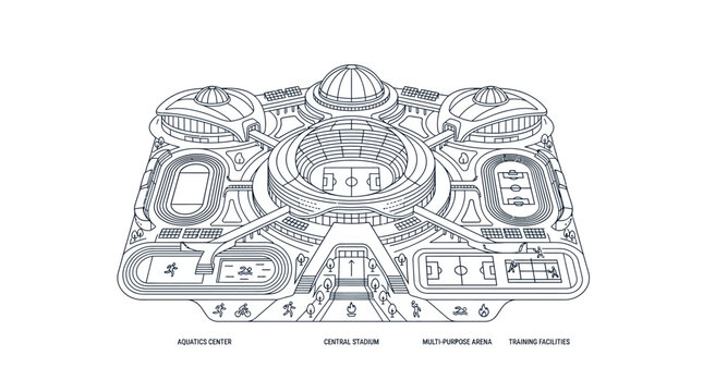 Complex futuristic sports complex architectural master plan illustration.