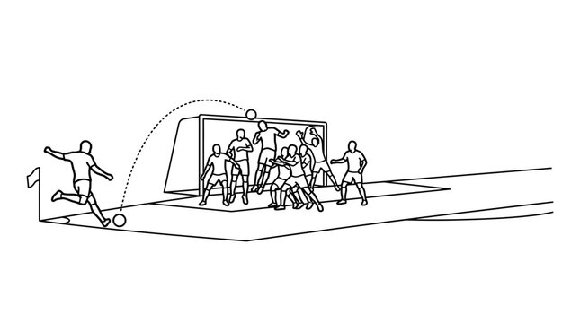 Continuous line drawing of a soccer corner kick play.