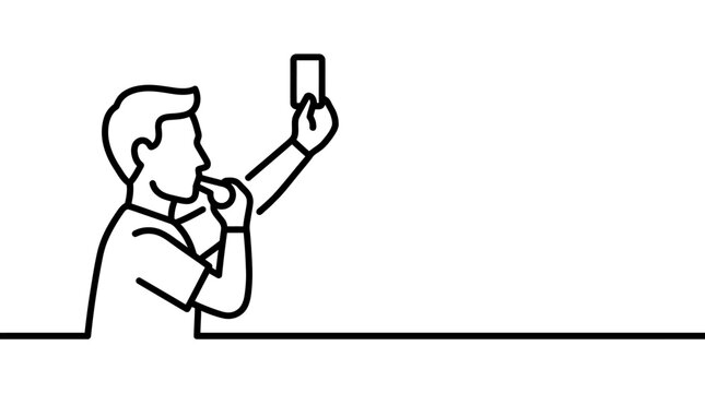Continuous line drawing of a sports referee blowing a whistle and holding a red card.