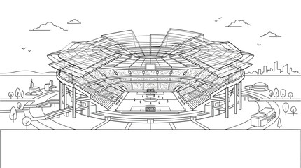 Detailed line art illustration of a modern outdoor sports stadium. © takon mboke