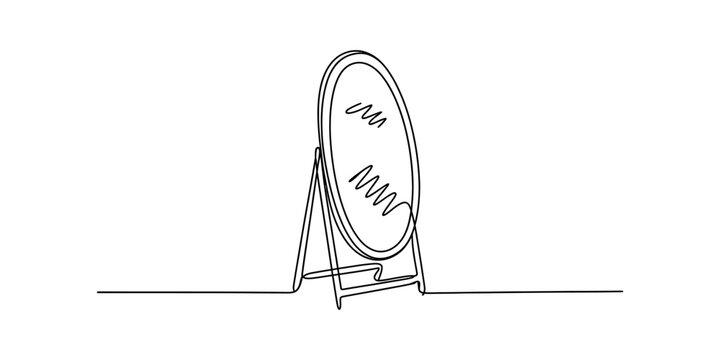 Single line drawing of a standing mirror with a stand Vector, illustration