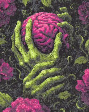 Creepy green hands holding a bright pink brain with floral background ominous dark art