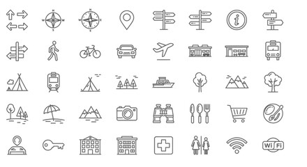 Fototapeta premium Travel and Navigation Icons Collection: Line Art Set