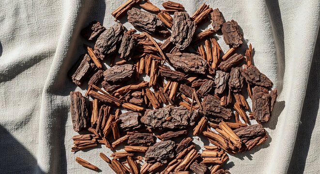 Buckthorn bark pieces scattered on a neutral textured linen cloth representing raw organic herbal ingredients used for traditional medicine and wellness