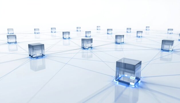 Blockchain technology concept with connected transparent glowing cubes forming a distributed network grid on a bright reflective surface peer to peer smart contract blockchain technology security