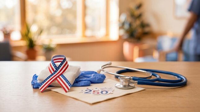 Patriotic Medical Supplies with American Flag Ribbon and Stethoscope for US Healthcare Celebration or Anniversary Concept