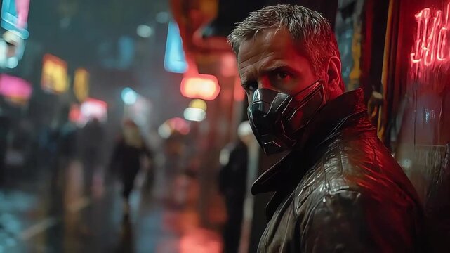 A brooding man wearing a high-tech mask in a neon-lit cyberpunk city, perfect for sci-fi storytelling and gaming concepts.
