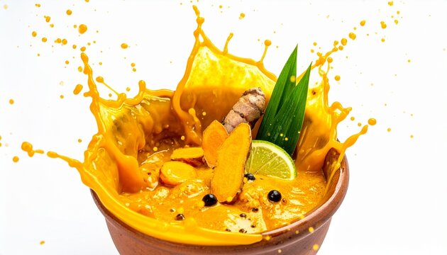 Dynamic golden geyser of traditional Indonesian jamu kunyit asam with suspended turmeric, lime, and pandan leaf on a white background.