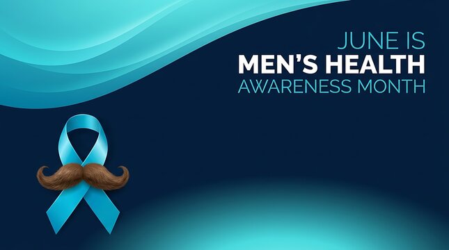 June is men's health awareness month with blue ribbon and mustache on dark blue background with abstract wave design healthcare concept.