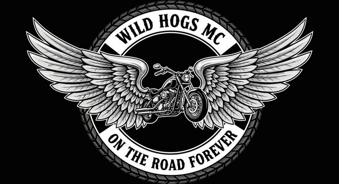 Motorcycle Club Emblem with Wings, Tire Tread and Text