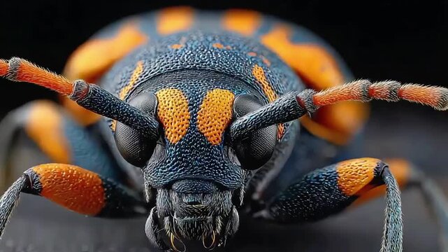 A stunning macro shot of a colorful beetle highlighting intricate textures and vibrant orange patterns, ideal for scientific education.