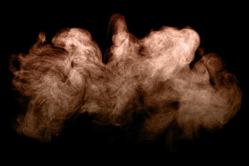 Fototapeta premium Realistic brown smoke cloud isolated on black background, detailed dusty vapor texture for cinematic overlay, abstract fog effect, dramatic atmosphere, powder burst, mystery composition.