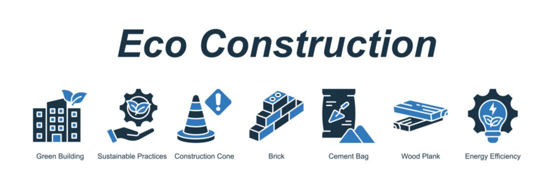 Eco Construction web banner icon concept for with icon of Green Building, Sustainable Practices, Construction Cone, Brick, Cement Bag, Wood Plank, Energy Efficiency.