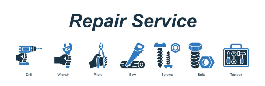 Repair Service web banner icon concept for with icon of Drill, Wrench, Pliers, Saw, Screws, Bolts, Toolbox.