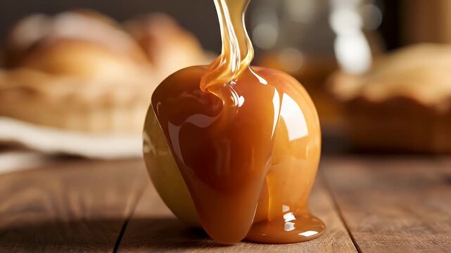 Luxurious glossy caramel-drizzled boiled egg perched on rustic wooden table surface with blurred bakery background