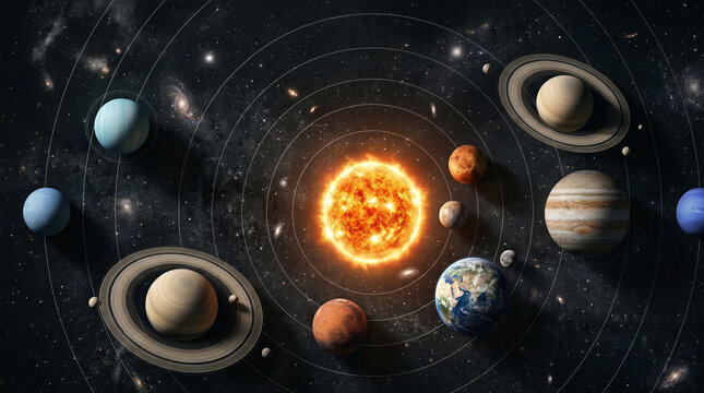 Astronautas, Lua, Terra, Saturno, Marte, Sol, Sistema Solar - Arte digital 4K para uso comercial