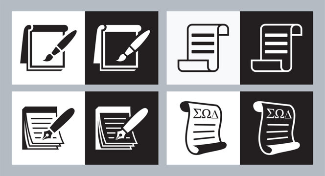Flat document and scroll icons with pens Vector, illustration