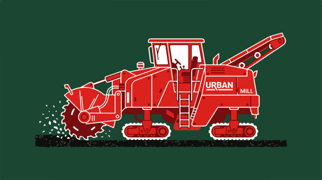 Red trencher construction machine line art illustration.