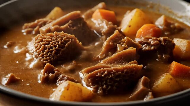 Close-up view of traditional tripe stew (mondongo or callos) with potatoes and carrots served hot in a deep bowl, featuring a rich brown sauce and honeycomb texture.
