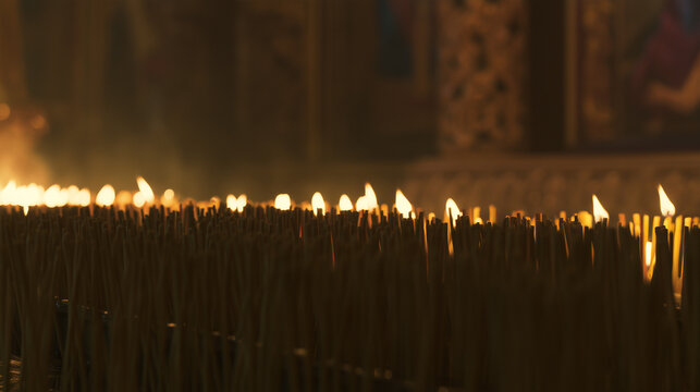 Rows of thin beeswax candles burning in dark Orthodox church, warm golden flames and blurred icons creating a sacred atmosphere for prayer, faith, memorial, worship, religion and spiritual background.