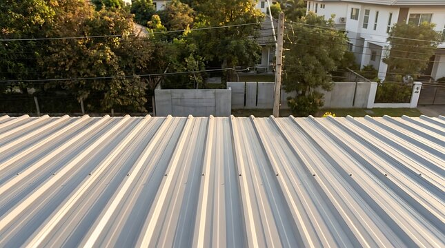 Corrugated metal roof sheet background with warm sunlight illuminating the texture against a suburban residential neighborhood backdrop