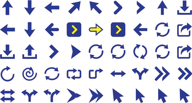 Arrows in blue represent navigation, uploading, and rotational actions for digital interfaces.