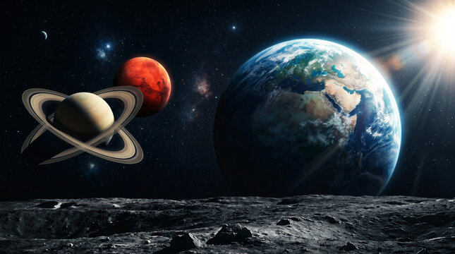 Astronautas, Lua, Terra, Saturno, Marte, Sol, Sistema Solar - Arte digital 4K para uso comercial