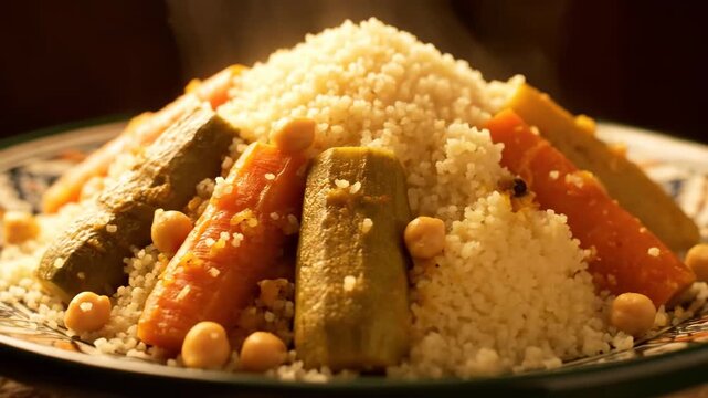 Authentic moroccan couscous topped with steamed vegetables and chickpeas, close-up view of the traditional north african dish, emphasizing steam and rich texture.