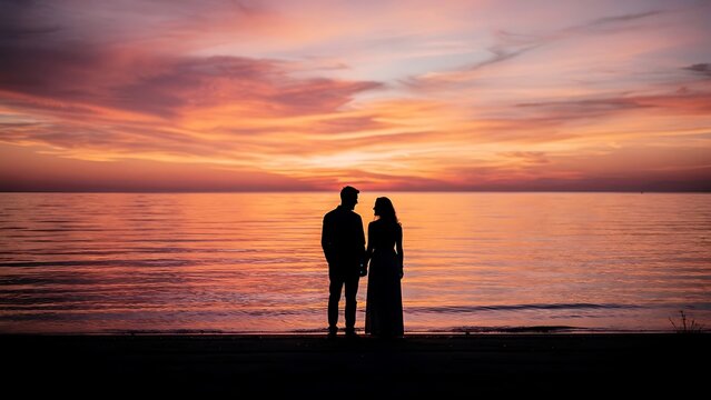 Silhouette of Couple Watching Sunset Ocean.