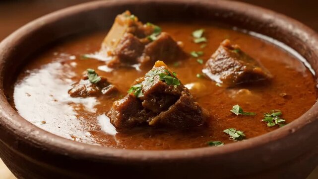 Authentic mutton or beef curry stew (gosht) in a traditional terracotta clay pot. Delicious, spicy indian or middle eastern meat dish close-up.