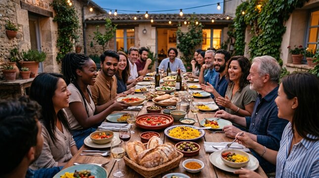 Diverse group of friends and family enjoying a festive outdoor dinner party