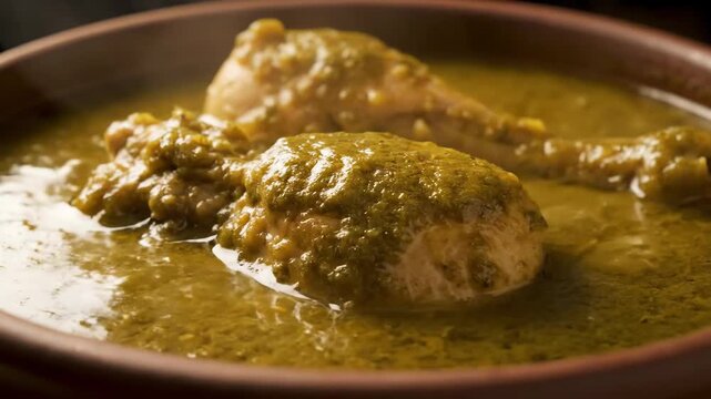 Rustic close-up of two chicken drumsticks submerged in a rich green curry or saag sauce, presented in a traditional terracotta serving bowl on a dark background.