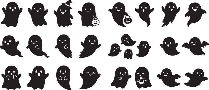 Halloween ghost icons, black silhouette characters, spooky symbols, vector graphics