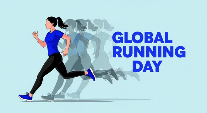 Woman running on global running day with multiple transparent trail runners behind her in blue and black athletic wear on light blue background