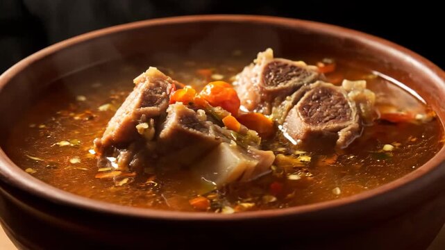 Close-up of piping hot oxtail soup or rich beef stew with chunky meat, spicy peppers, and chili flakes, served steaming in a rustic brown earthenware bowl against a dramatic dark background.
